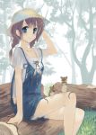 braid brown_hair forest hand_behind_head hat legs log mouse naruse_chisato nature original sitting solo sun_hat twin_braids twintails 