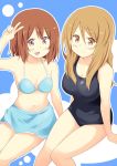  brown_eyes brown_hair dekosuke extra hirasawa_yui k-on! long_hair one-piece_swimsuit school_swimsuit short_hair skirt swimsuit tachibana_himeko 