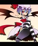  arai_seiryuu ascot bat_wings blue_hair bow dress fang hat hat_ribbon highres letterboxed lights open_mouth outstretched_hand pink_dress red_eyes remilia_scarlet ribbon short_hair smile solo striped striped_legwear thigh-highs thighhighs touhou wings zettai_ryouiki 