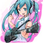  aqua_eyes aqua_hair armlet bad_id bare_shoulders guitar hatsune_miku headphones instrument k-on! long_hair lowres necktie oekaki open_mouth parody plectrum s@ki_kilisawa solo star style_parody twintails vocaloid 