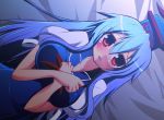  bed_sheet blue_hair blush breasts bust dress geogeo hat kamishirasawa_keine large_breasts long_hair lying on_back on_bed red_eyes solo touhou 