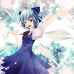  ahoge ascot blue_dress blue_eyes blue_hair cirno dress hair_ribbon highres looking_at_viewer outstretched_arm ribbon s-syogo smile snowflakes solo touhou wings 