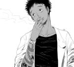  black_hair chain cigarette cross dark_skin dorohedoro funpjinju kasukabe_(dorohedoro) labcoat male monochrome simple_background smoking solo tattoo 