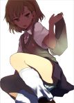  1girl brown_eyes brown_hair face footwear loose_socks misaka_mikoto open_mouth panties pantyshot school_uniform shirabi_(life-is-free) short_hair simple_background skirt socks solo striped striped_panties sweater_vest to_aru_majutsu_no_index underwear 