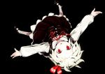  1girl blonde_hair dress hair_ribbon kuuichi kuuichi09 mary_janes outstretched_arms pale_skin red_eyes ribbon rumia shoes short_hair simple_background slit_pupils solo spread_arms the_embodiment_of_scarlet_devil touhou upside-down youkai 