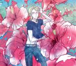  bad_id barnaby_brooks_jr belt blonde_hair flower glasses green_eyes hibiscus inuo_(gyawawan) jewelry male midriff necklace solo studded_belt surprised sweat t-shirt tiger_&amp;_bunny 