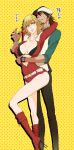  barnaby_brooks_jr belt bikini_top blonde_hair boots breasts brown_hair cabbie_hat check_translation cleavage genderswap glasses hat hug hug_from_behind jacket kaburagi_t_kotetsu open_clothes open_jacket red_jacket studded_belt tiger_&amp;_bunny translation_request yabuki_(pennyroyal) 