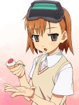  :o blush brown_eyes brown_hair bust cake food fork fruit hair_ornament head_mounted_display holding holding_fork misaka_imouto open_mouth school_uniform short_hair solo strawberry sweater_vest to_aru_majutsu_no_index tonbi 