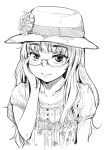  blush bust casual face glasses hand_on_own_face hand_to_face hat long_hair monochrome mune perrine_h_clostermann rimless_glasses simple_background smile solo strike_witches 