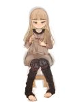  blonde_hair blush brown_eyes casual face leg_warmers long_hair mune no_glasses perrine_h_clostermann pigeon-toed pigeon_toed simple_background sitting solo strike_witches toeless_socks 