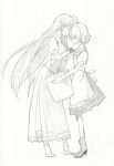  2girls apron bad_id blush full_body hand_to_face hands_on_another's_face hat head_to_head hong_meiling izayoi_sakuya long_hair maid maid_headdress monochrome multiple_girls side simple_background sketch standing the_embodiment_of_scarlet_devil touhou traditional_media ume_(plumblossom) wrist_cuffs 