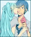  1girl aqua_hair blue_eyes blue_hair closed_eyes couple earrings eyes_closed food food_on_face hatsune_miku ice_cream ice_cream_cone jewelry kaito licking melting necktie tayu_(canary-san) twintails vocaloid wink 