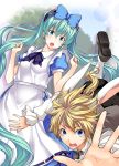  alice_(wonderland)_(cosplay) alice_in_musicland_(vocaloid) alice_in_wonderland apron aqua_hair blonde_hair blue_eyes blush bow cosplay dress foreshortening hair_bow hands hatsune_miku highres hikapan kagamine_len long_hair open_mouth tears twintails very_long_hair vocaloid 