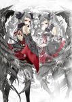  albino angry bare_shoulders black_legwear black_wings broken_mirror detached_sleeves drill_hair dual_persona feathers grey_hair head_wings highres long_hair looking_back open_mouth original pale_skin red_eyes smile suika_(westsquash) thigh-highs thighhighs twintails wings 