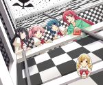  5girls akemi_homura album_cover beatles black_hair blonde_hair blue_eyes blue_hair bow checkered cover hair_bow hair_ornament hair_ribbon hairband hairclip highres kaname_madoka long_hair mahou_shoujo_madoka_magica miki_sayaka minazuki_(karashikazoku) multiple_girls not_present parody pink_eyes pink_hair pocky purple_eyes red_eyes red_hair ribbon sakura_kyouko school_uniform short_hair short_twintails the_beatles tomoe_mami twintails walpurgisnacht_(madoka_magica) yellow_eyes 