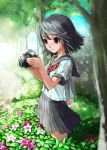  brown_eyes bush camera flower kogaken original school_uniform serafuku short_hair smile solo tree 