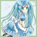  alice_(wonderland) alice_(wonderland)_(cosplay) alice_in_musicland_(vocaloid) alice_in_wonderland apron aqua_eyes aqua_hair cosplay dress frills hatsune_miku kneeling long_hair looking_back smile solo twintails very_long_hair vocaloid yupachi 