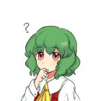  1girl ? ascot bad_id bad_twitter_id chin_stroking collared_shirt eyebrows_visible_through_hair face green_hair hand_on_own_chin kazami_yuuka kotdesu long_sleeves lowres plaid plaid_vest red_eyes red_vest shirt short_hair simple_background thinking touhou vest white_background white_shirt yellow_neckwear 