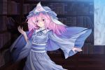  book c dusk/dawn_(artist) ghost hat japanese_clothes kimono obi pink_eyes pink_hair saigyouji_yuyuko shadow short_hair smile solo touhou triangular_headpiece 