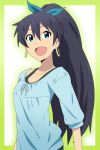  :d black_hair blue_eyes bow casual earrings fang ganaha_hibiki hair_bow highres idolmaster ikari_manatsu jewelry long_hair official_style open_mouth ponytail smile solo 