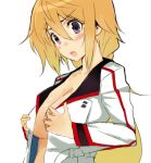  blush blush_stickers breast_hold breasts bust charlotte_dunois face infinite_stratos large_breasts long_hair no_bra open_mouth purple_eyes shirabi_(life-is-free) simple_background solo surprised violet_eyes 