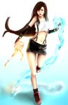  boots brown_hair deviantart earring final_fantasy final_fantasy_vii fire gloves jewelry long_hair magic midriff red_eyes skirt solo thigh-highs tifa_lockhart water 