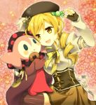  beret blonde_hair breasts candy charlotte_(madoka_magica) corset detached_sleeves doughnut drill_hair fingerless_gloves gloves hair_ornament hat hirako mahou_shoujo_madoka_magica open_mouth pleated_skirt skirt smile star thigh-highs thighhighs tomoe_mami twin_drills yellow_eyes 