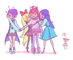  5girls aida_mana arm_hug artist_request blonde_hair blue_hair blush bow brown_hair casual cropped_jacket dokidoki!_precure double_bun dress hair_bow hair_ornament hairclip half_updo harem heart hishikawa_rikka holding_hands hug jacket kenzaki_makoto long_hair multiple_girls pink_hair precure purple_hair regina_(dokidoki!_precure) short_hair shorts smile wavy_mouth yotsuba_alice yuri 