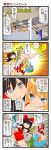  4koma alice_margatroid armpits blonde_hair blue_eyes blue_hair blush bow brown_hair clenched_teeth closed_eyes comic dei_shirou detached_sleeves empty_eyes eyes_closed glowing glowing_hand grey_eyes hair_bow hair_tubes hairband hakurei_reimu hat highres jumping kawashiro_nitori kirisame_marisa miko multiple_girls open_mouth string thigh-highs thighhighs touhou translated translation_request twintails witch witch_hat wrestling_ring 