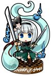  blue_eyes character_name cherry_blossoms chibi dual_wielding faux_figurine flower ghost hair_flower hair_ornament hair_ribbon hakoniwa highres hitodama katana konpaku_youmu konpaku_youmu_(ghost) open_mouth ribbon short_hair silver_hair socha solo sword tanto touhou weapon 