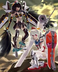  absurdres alternate_weapon artist_request black_hair gundam gundam_seed gundam_seed_c.e._73:_stargazer highres inubashiri_momiji mecha_musume mechanical_wings mechanization multiple_girls nanaya777 red_eyes shameimaru_aya shield short_hair strike_gundam strike_noir sword thighhighs touhou weapon white_hair wings 