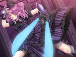  dress energy_sword fingerless_gloves foreshortening gloves hand_on_hat hat highres mini_top_hat mochi.f original pillar pink_hair purple_dress smile solo sword top_hat twintails weapon yellow_eyes 