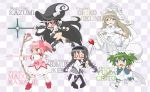  5girls akemi_homura arrow black_hair blue_eyes bow_(weapon) braid chitose_yuma flower glasses golf_club green_hair grey_hair hair_ribbon hairband hat kaname_madoka kazumi_(kazumi_magica) long_hair mahou_shoujo_kazumi_magica mahou_shoujo_madoka_magica mahou_shoujo_oriko_magica mikuni_oriko multiple_girls pantyhose pink_hair red-framed_glasses red_eyes ribbon trembling twin_braids twintails wavy_mouth weapon witch_hat yoshiwo_(kanikama) 