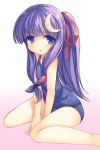  :&lt; blue_eyes blush crescent gradient gradient_background hair_ornament hair_ribbon hairclip long_hair mikage_sekizai one-piece_swimsuit patchouli_knowledge ponytail purple_hair ribbon school_swimsuit sitting solo swimsuit touhou v_arms wariza 