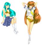  aqua_hair arms_up bikini_bottom bikini_top blue_eyes bottomless dual_persona footwear horns lum navel no_shirt orange_hair pointy_ears red_eyes school_uniform serafuku socks tiger_print uniform urusei_yatsura yasuhito_(yasu_no_e) 