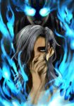  123hfm 2boys androgynous blue_eyes blue_flame cape covering covering_face covering_mouth dual_persona glowing_eyes grey_hair hair_ornament hairclip long_hair lunatic_(tiger_&amp;_bunny) male mask multiple_boys nude nude_cover pale_skin silver_hair superhero tiger_&amp;_bunny yuri_petrov 