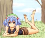  arm_support barefoot benishouga benishouga_(honhonda) blue_eyes blue_hair blush braid breasts casual cleavage feet grass hair_bobbles hair_ornament hat kawashiro_nitori key legs_up lying nature on_stomach outdoors outside shorts sketch smile soles solo tank_top toe_curl toe_scrunch toes touhou tree twin_braids 