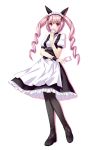  apron black_legwear blush card covering covering_face covering_mouth drill_hair faris_nyannyan highres holding holding_card long_hair maid maid_headdress pantyhose pink_eyes pink_hair simple_background skirt solo steins;gate tomifumi twin_drills twintails wrist_cuffs 