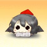  :3 black_eyes black_hair black_wings blush bunbunmaru chibi hat mouth_hold newspaper object_in_mouth shameimaru_aya shimashima_nezumi shimashimanezumi short_hair simasimanezumi solo touhou wings 