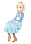  adapted_costume alice_margatroid bad_id blonde_hair blue_eyes blush blush_stickers boots hairband hands_clasped hands_together high_heels pantyhose shoes short_hair sitting skirt solo touhou ume_(plumblossom) 