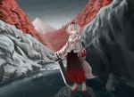  animal_ears autumn bad_id footwear geta inubashiri_momiji japanese_clothes leaf leaves maple_leaf mountain red_eyes river rock shield silver_hair socks sword tail torii touhou water weapon white_hair white_legwear wolf_ears wolf_tail 