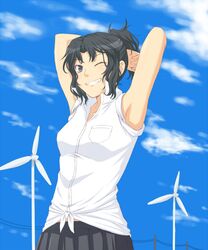  alternate_hairstyle amagami armpits open_collar ponytail school_uniform sky smile solo tanamachi_kaoru toki_(artist) windmill wink 