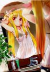  adjusting_hair ahoge armpits arms_up bathroom blonde_hair blurry bow bra brushing_teeth camisole depth_of_field dutch_angle fate_testarossa hair_bow highres lingerie long_hair lyrical_nanoha mahou_shoujo_lyrical_nanoha mikazuki_akira! mirror mouth_hold panties plant potted_plant red_eyes reflection see-through sink solo toothbrush toothpaste twintails underwear very_long_hair water 