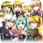  \m/ akita_neru album_cover aqua_eyes aqua_hair blonde_hair blue_eyes bow brother_and_sister caffein cover dress_shirt flower formal gakuran goggles goggles_on_head green_eyes green_hair grin gumi hair_bow hair_ornament hair_ribbon hairclip hatsune_miku headphones highres kagamine_len kagamine_rin megurine_luka multiple_girls necktie open_mouth pink_hair pink_rose ponytail red_eyes ribbon rose school_uniform shirt short_hair siblings side_ponytail silver_hair smile suit tears twins twintails vocaloid voyakiloid wink yellow_eyes yowane_haku 