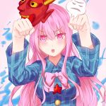 1girl blush bow breasts bust commentary_request face_mask hata_no_kokoro highres long_hair long_sleeves looking_at_viewer masa07240 mask oni_mask open_mouth paw_pose pink_eyes pink_hair shirt solo touhou very_long_hair wide_sleeves 
