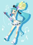  aqua_eyes aqua_hair armpits bare_shoulders baton blue_eyes blue_hair braid cheerleader hato_haru hatsune_miku highres leg_warmers long_hair loose_socks midriff musical_note open_mouth pleated_skirt pom_pom pom_poms ponytail skirt socks solo very_long_hair vocaloid 