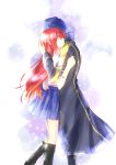  1girl blue_hair boots couple erza_scarlet fairy_tail highres hug jellal_fernandes kurose_nao red_hair redhead skirt tears 