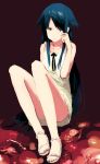  bare_shoulders dress feet glock23 green_eyes green_hair legs long_hair sandals saya saya_no_uta shibafu_(glock23) sitting solo sundress tears very_long_hair 