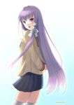  1girl clannad from_behind fujibayashi_kyou highres long_hair looking_back nagasekei purple_hair school_uniform thigh-highs violet_eyes 