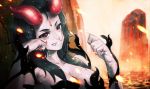  black_hair breasts cozy demon demon_girl facial_mark fang fantasy fingernails horns lava long_hair molten_rock monster_girl nail_polish original painted_nails red_eyes smile 